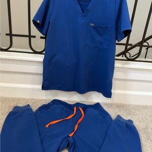 Figs Blue Scrub Set with Orange Accents